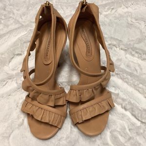Bcbgmaxazria Tan Ruffle Zip Sandals